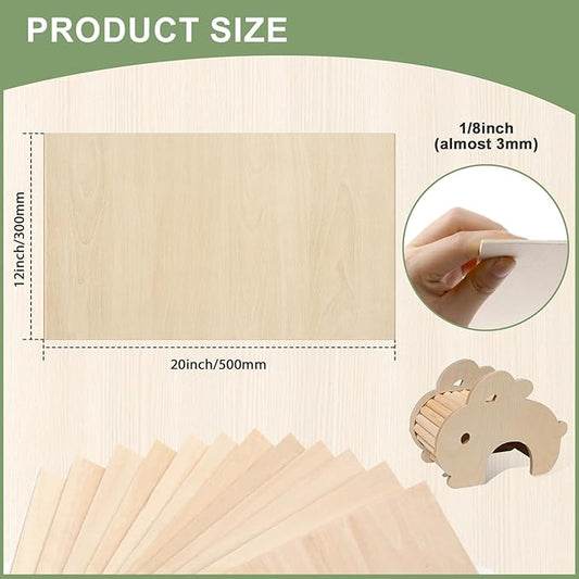 10 Pack Basswood Sheets 1/8x12x20 Inch, Unfinished Wood for Crafts, 3mm Basswood for Laser Cutting & Engraving, Wood Burining,Architectural Models, Plywood for Painting.