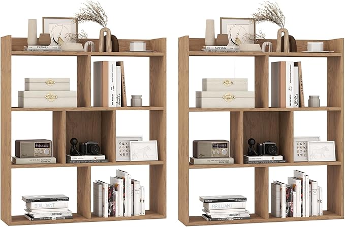Giantex 7 Cubes Bookshelf, Free-Standing Wooden Bookcase, 4 Tier Home Display Shelf, Horizontal Storage Unit w/Anti-Toppling Devices, Open-Back Display Rack for Study, Living Room (2, Natural)