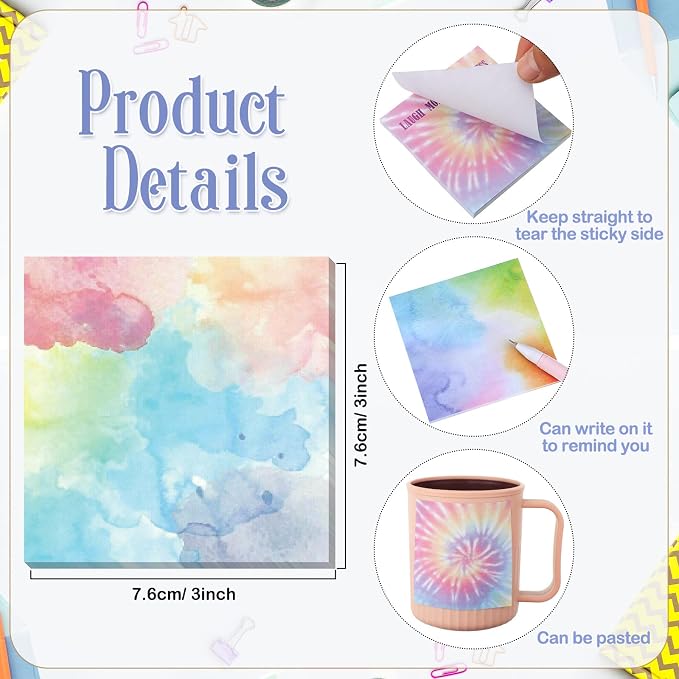 Eaasty 12 Pcs Rainbow Sticky Notes Tie Dye Pastel Sticky Note Fun Self Adhesive - Image 2