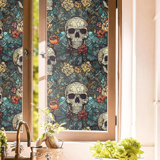 Blue Grey Red Skull Floral Stained Glass Window Films Decorative Double-Side by Unknown