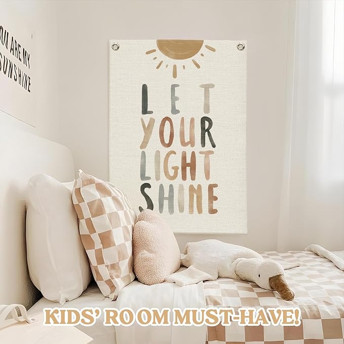 Inspirational Positive Affirmations Wall Decor,Let Your Light Shine for Kids Wall Art Linen Canvas Banner,Positive Wall Decor Hanging Flag for Classroom Playroom Bedroom 18x25 Inch