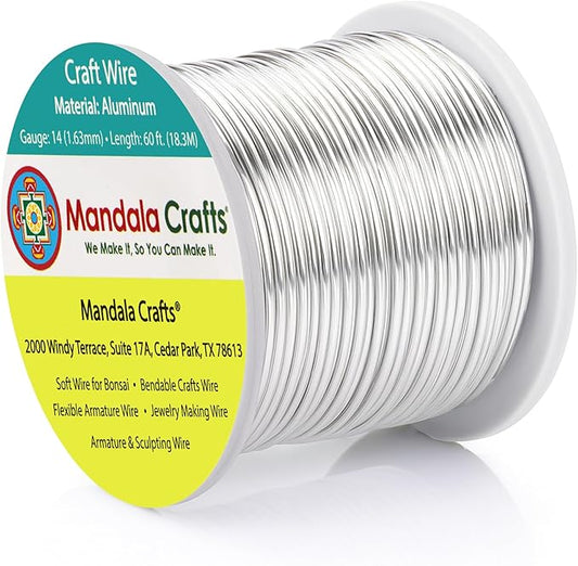 Mandala Crafts 14 Gauge Anodized Aluminum Craft Wire for Jewelry Making - 60 FT Colored Flexible Silver Tone Wire - Bendable for Bonsai Armature Crafting Sculpting