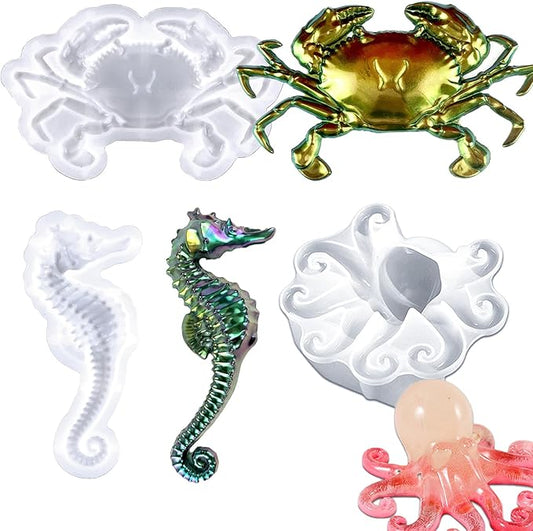 3 Pcs Marine Resin Molds Set Seahorse Octopus Crab 3D Animal Silicone Epoxy Molds for DIY Resin Concrete Desktop Aquariums Fish Tanks Ocean Animal Themed Home Decor Party Supplies Ideal Presen