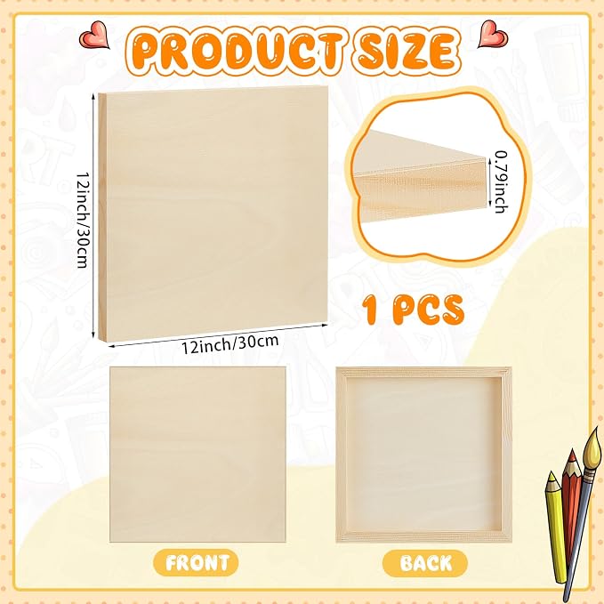 Barydat 1 Pack Wood Canvas Board 12 x 12 Unfinished Wood Canvas Wooden Panel - Image 2