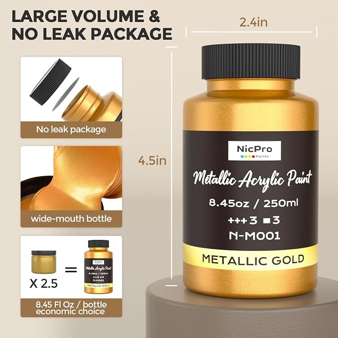 Nicpro Metallic Gold Acrylic Paint, 8.45oz/250ml Large Gold Leaf Paint | Non - Image 8