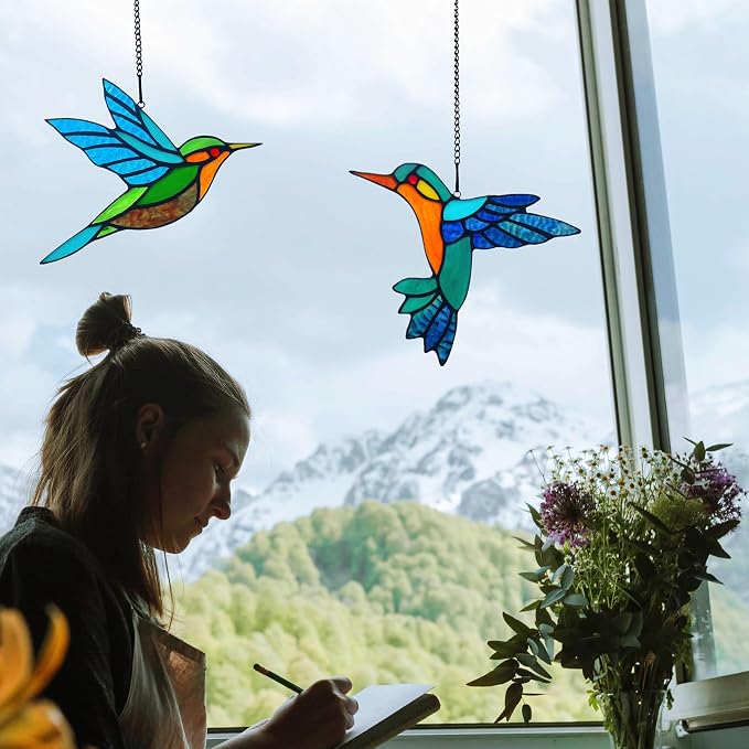 2 Packs Stained Glass Hummingbird Suncatcher Window Hanging Ornament, Stained - Image 6