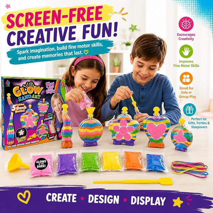 Glow Sand Art Kit, DIY Craft for Girls w/ 5 Necklace Bottles | Includes 1 Glow - Image 6