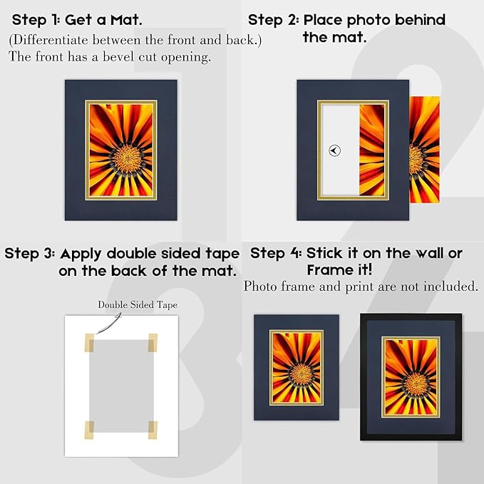 Golden State Art, 11x14 Double Mats for 8x10 - for Photos, Pictures, Frames - Acid-Free, 5 Pack, Dignity Blue Over Old Gold