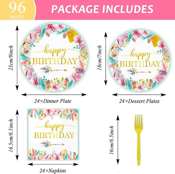 Tevxj 96 Pieces Happy Birthday Party Plates Napkins Boho Decorations Gold - Image 2