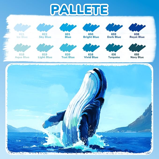 Guangna 12 Blue Dual Tip Acrylic Paint Markers, Brush Tip & Chisel Tip Acrylic Paint Pens for Rock, Wood, Glass, Paper, Coloring Book, Ceramic, Canvas, Water-Based Ink