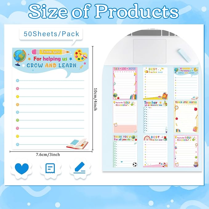 Teacher Sticky Notes Gifts, 9 Pack Inspirational Teacher Appreciation Notepads - Image 2