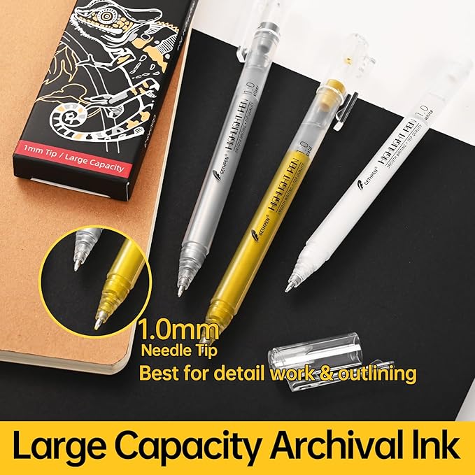 Gold Silver White Gel Pens, 1mm Fine Point Gel Ink Pen Opaque Archival Ink Pens for Black Paper Drawing, Sketching, Illustration, Card Making, Bullet Journaling, 6 Pack