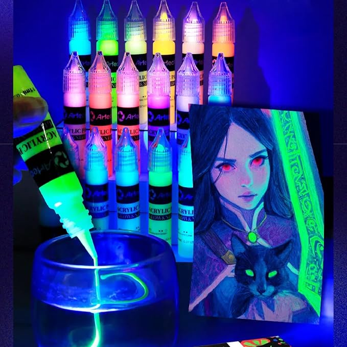 Artecho Glow in the Dark Acrylic Paint Set – 12 Colors x 11ml | Non-Toxic - Image 7