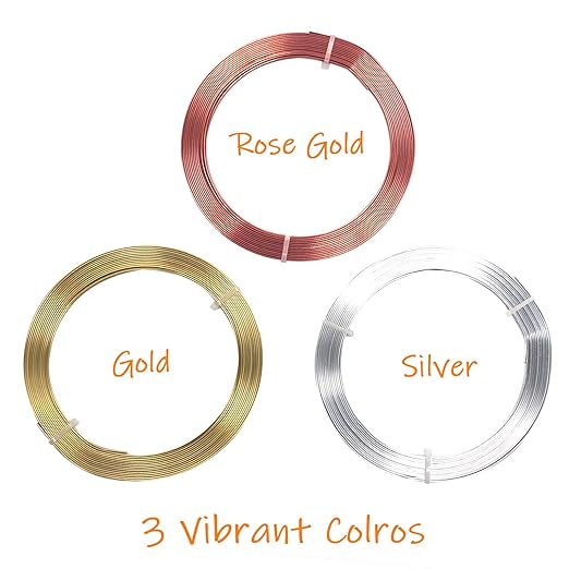 Cinvo 3 Rolls Flat Craft Wire Jewelry Wire Flexible Aluminum Wire Tarnish Resistant for Bezel Sculpting DIY Jewelry Craft Making (1mm Thickness, 3mm Width, Silver, Gold and Rose Gold)