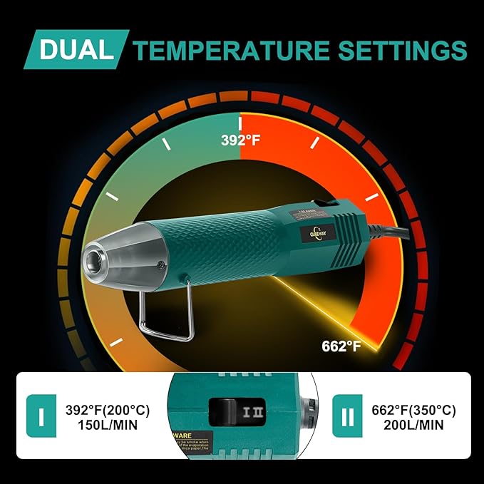 Heat Gun 350W with Dual Temp 392°F & 662°F and 2 Nozzles, Fast Heat Hot Air Gun with Overload Protection, 6.56Ft Long Cable for Crafting, Shrink Tubing, Vinyl Wrap, Epoxy