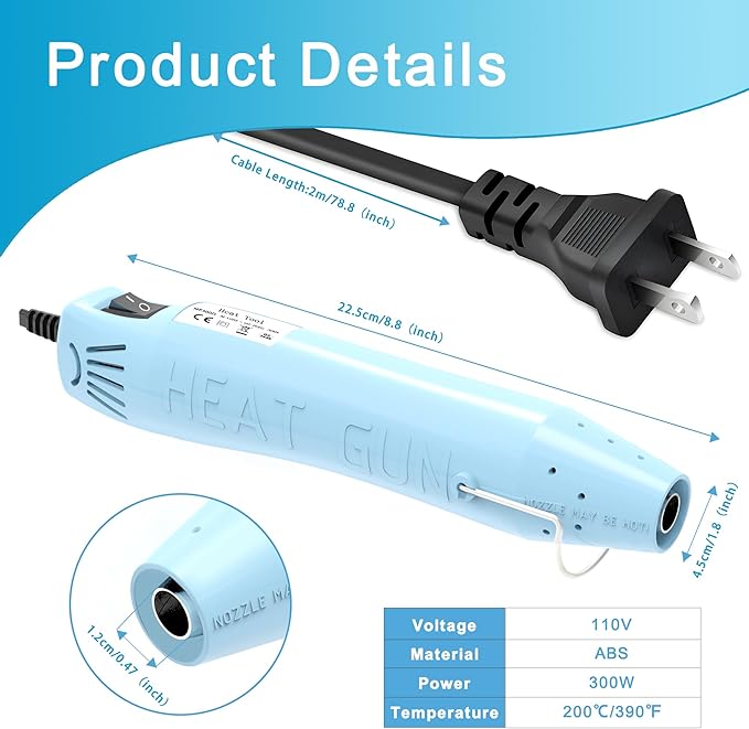 Heat Gun for Crafting, Mini Hot Air Gun Tool for Epoxy Resin, Shrunk Wrapping, Embossing, Electronics, Vinyl Wrap, Candle Making, Phone Repair & DIY - Blue