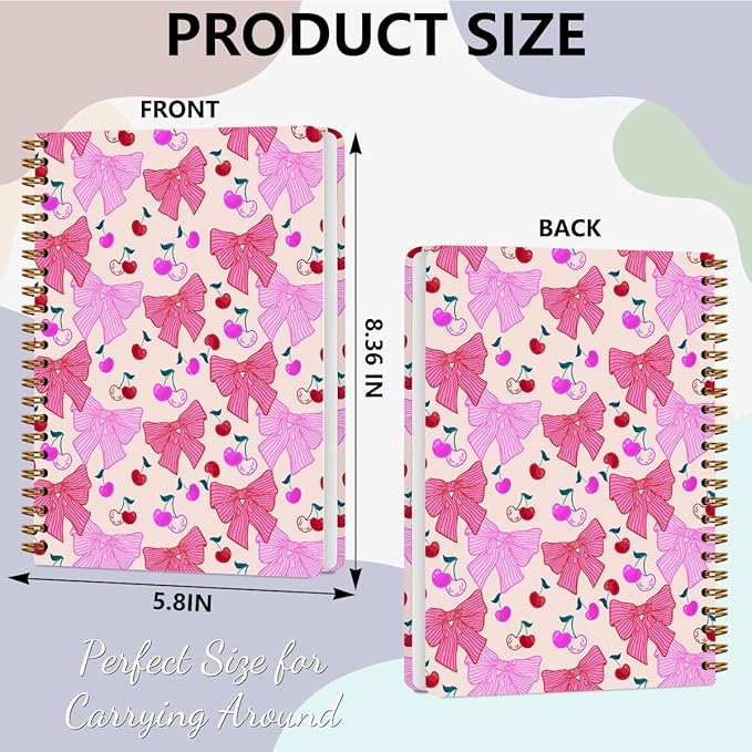 2 PCs Coquette Pink Bows Cherry Journaling Notebooks Trendy Preppy Spiral Notebook Aesthetic Design Gifts for Women Girls Note Books Journals for Writing Hardcover Notebook Office Classroom Supplies