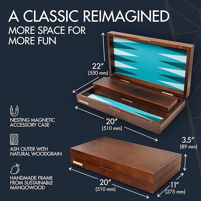 20 Inch Large Backgammon Sets for Adults, Green Backgammon Board, Solid Wood. Removable Accessory Tray, Premium 1.5 Inch Checkers & Dice Set, Backgammon Game Set Backgammon Table