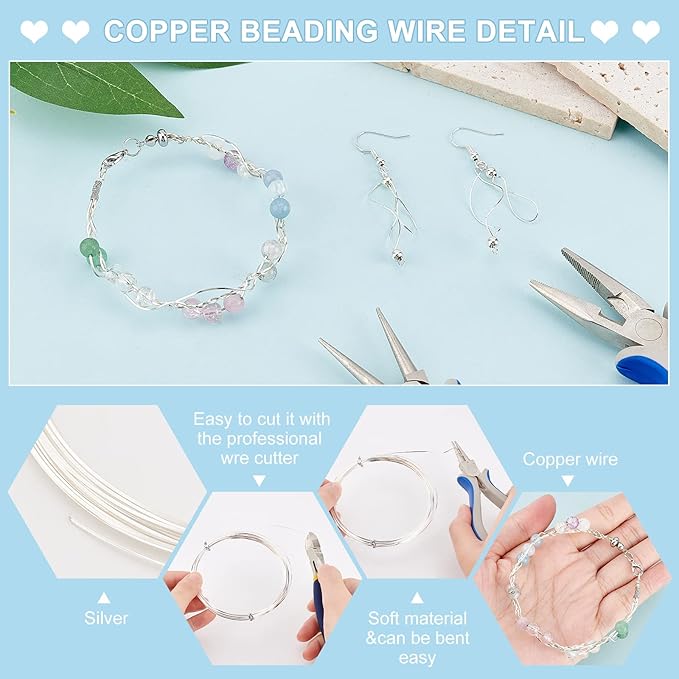 BENECREAT 23 Gauge 16 Feet Silver Square Copper Wire, Bendable Metal Craft Wire for Necklace Bracelet Making and Handmade Project