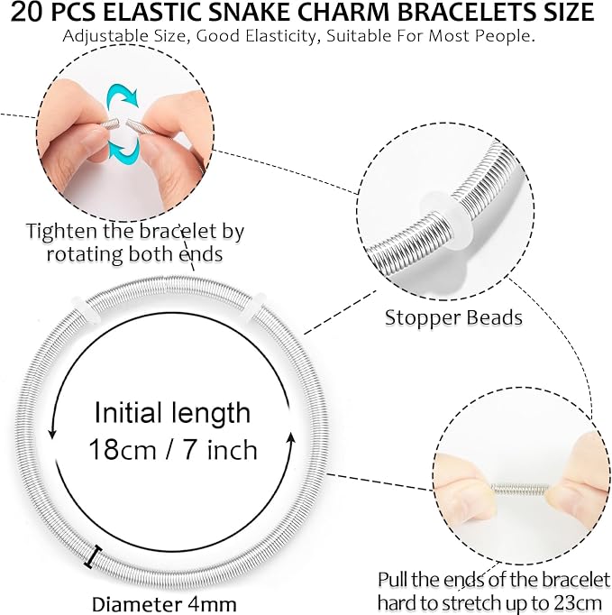 20 Pieces Snake Charm Bracelet, 4mm Expandable Charm Bangle Bracelets Silver - Image 3
