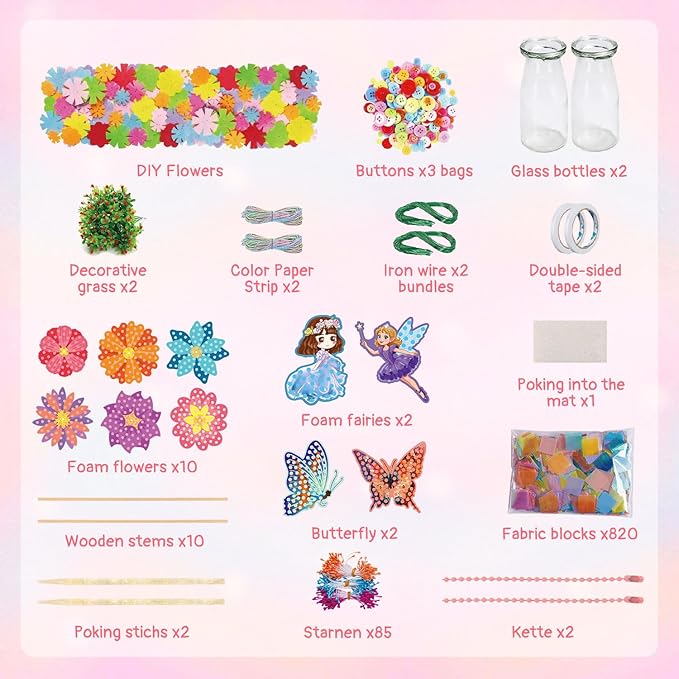 Mostop Crafts for Kids Ages 6-10, DIY Flower Bouquet Craft Kit with Buttons,Felt Flowers and 2 Vase, Poke in Arts and Crafts Birthday Gift Present for 6 7 8 9 10 Year Old Girls Flower Making Kit