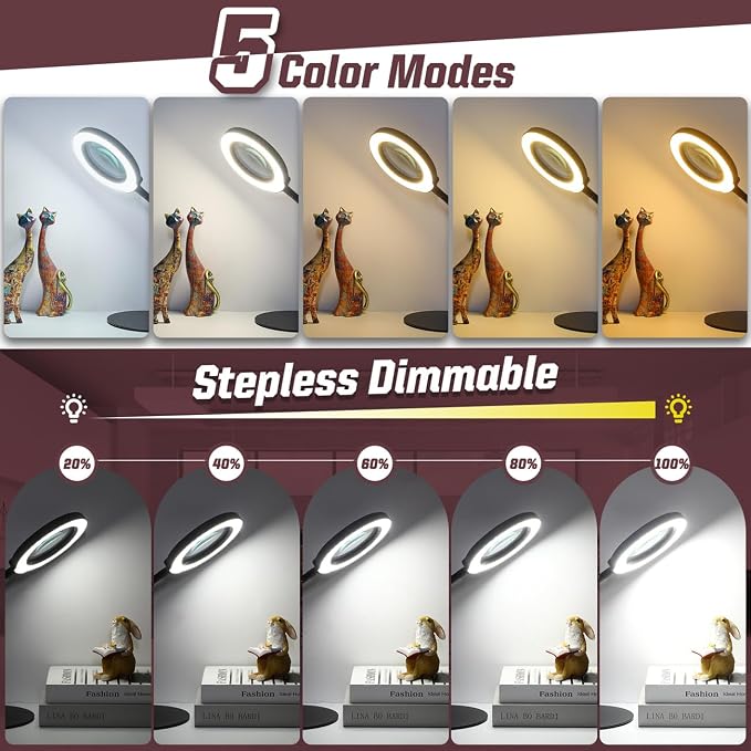 10X Magnifying Glass with Light and Stand, 5 Color Modes Stepless Dimmable LED - Image 3