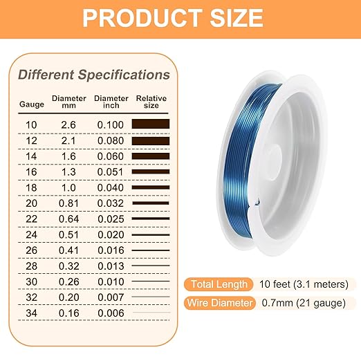 HARFINGTON 10ft Jewelry Wire, 22 Gauge (0.7mm) Brass Craft Soft Metal Tarnish Resistant Copper Beading Wire for Jewelry Making Supplies Crafting, Blue