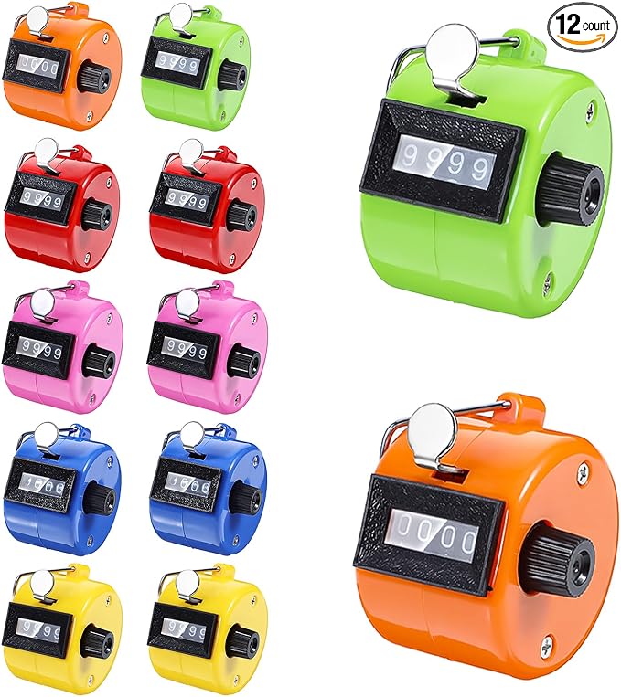 12 Pcs Handheld Tally Counter Digital, 4 Digit Number Hand Clicker Counter, Metal Mechanical Register for Coaching, Knitting, People, Golf and Row, Handheld Clickers