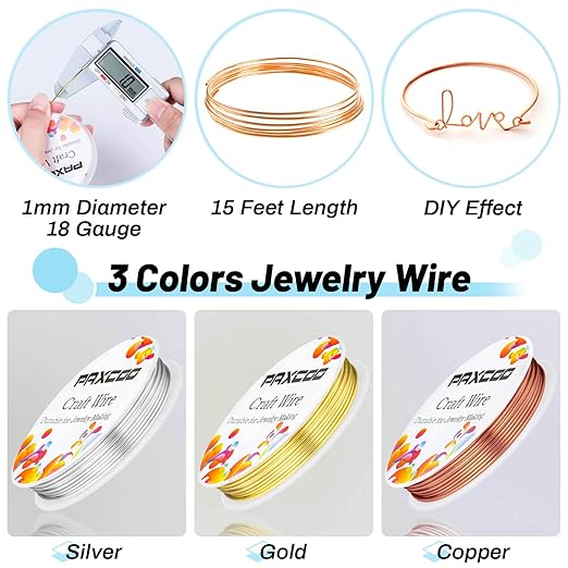 Paxcoo 3 Pack Jewelry Wire Craft Wire 18 Gauge Tarnish Resistant Beading Wire for Jewelry Making Supplies and Crafting (Silver, Gold and Copper)