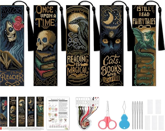 5 Pcs Gothic Stamped Cross Stitch Bookmark Kits by VIGEGU