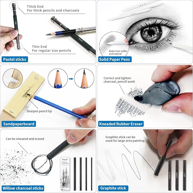 H & B 48 Professional Sketching Pencils and Drawing Kits, Including Sketching Pads, Graphite Pencils, Pencil Sharpener and Eraser, Artist's Art Supplies for Artists Beginner Adults