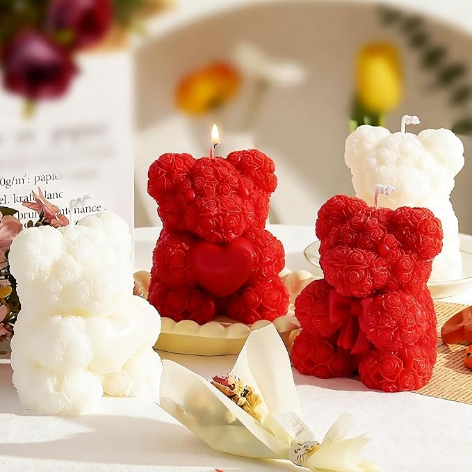 2PCS Rose Bear Silicone Mold,3D Teddy Bear Candle Making Molds,Silicone Epoxy Resin Mould,Ornament for DIY Wax Candle Art Craft Cake Chocolate Home Decor Valentine Gifts Birthday Gift（MINI）