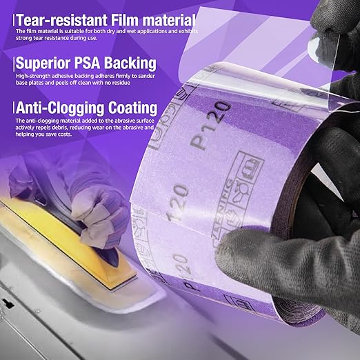 1500 Grit PSA Purple Film Ceramic Sandpaper Roll, 2-3/4" Wide Continuous 20 Yard Longboard Sanding Roll Wet Dry Sanding Blocks Self Adhesive Sticky Back Sanding Sheets for Woodworking Automotive