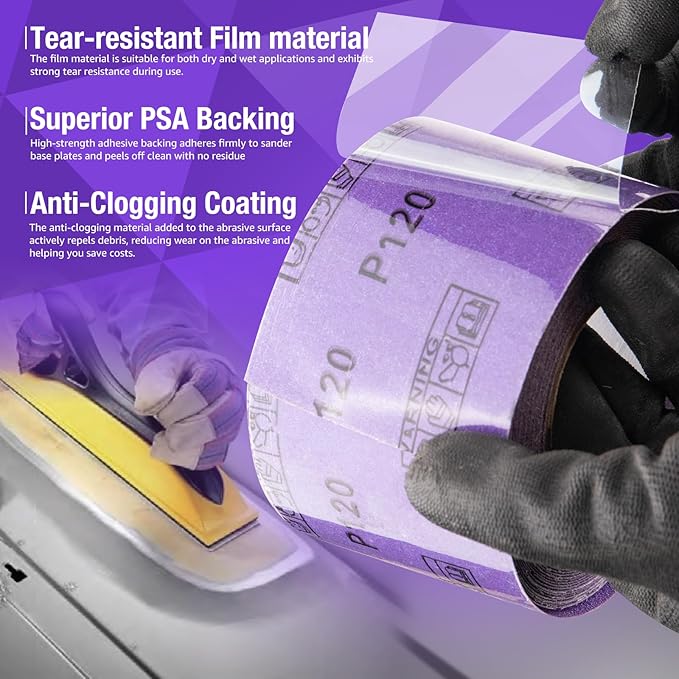 100 Grit PSA Purple Film Ceramic Sandpaper Roll, 2-3/4" Wide Continuous 10 Yard Longboard Sanding Roll Wet Dry Sanding Blocks Self Adhesive Sticky Back Sanding Sheets for Woodworking Automotive
