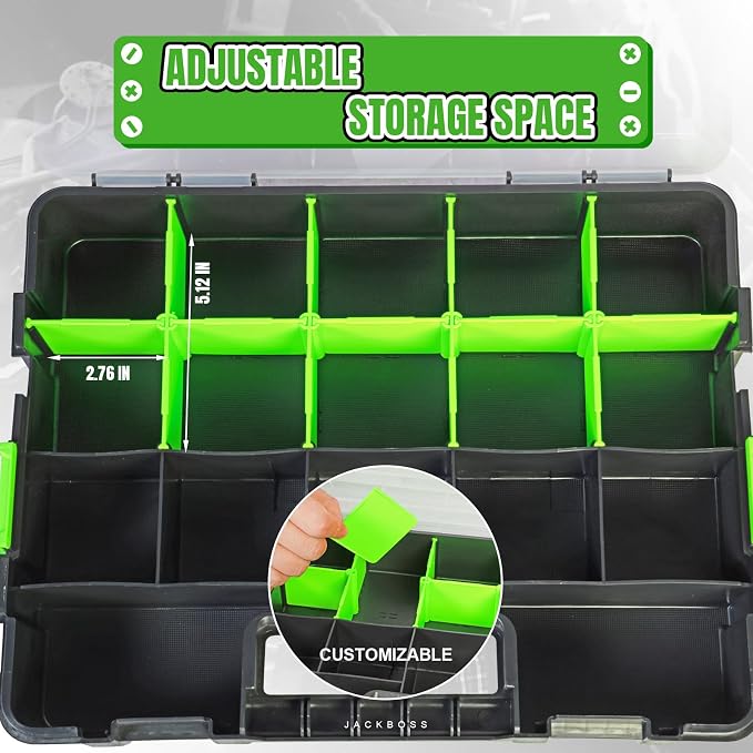 Jack Boss Tool Box with Transparent Lid, Single Side 17-Compartments Organizer - Image 3