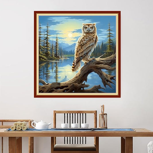 Foxdiviy Stamped Cross Stitch Kits for Beginners Full Range of Cross Stitching 11 CT Printed Cross Stitch Kits for Kids Adults Cross Stitch Patterns Needlepoint Kits-Owl Scenery 18x18 inch