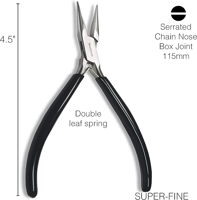 The Beadsmith Chain Nose Pliers – Serrated – Extra Fine Tips – 4.5 inches (114mm) – PVC Grip Handle with Double Leaf Springs – Jewelry Making Tool for Creating Bracelets, Earrings and Necklaces