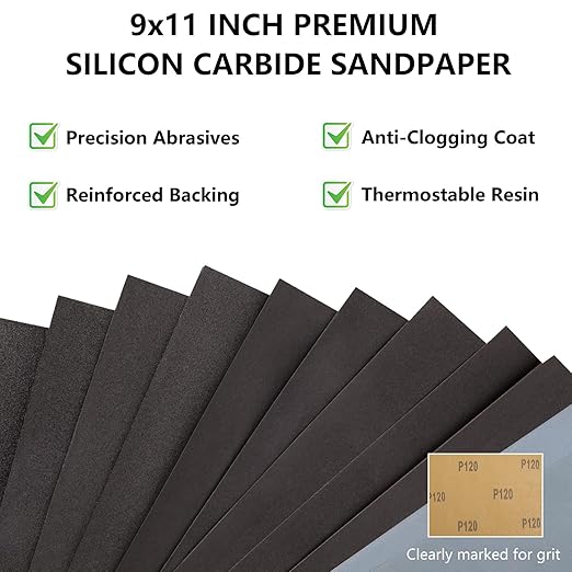 120 Grit Sandpaper, 9 x 11 Inch Wet Dry Sand Paper Hand Abrasive Sanding Sheets for Wood Metal Automotive Sanding and Polishing, Coarse - 10 Sheets