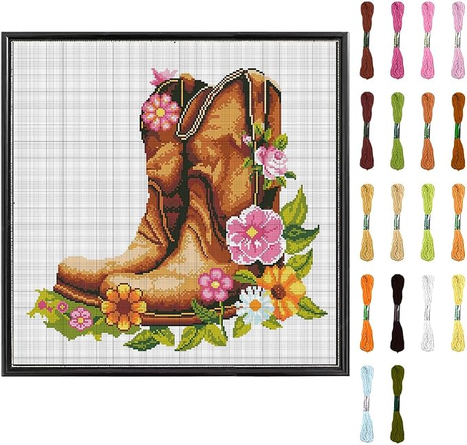 FREEBLOSS DIY Cross Stitch Wall Hanging Kit Boots Full of Flowers Stamped Cross by FreeandCreativeCraftsArt