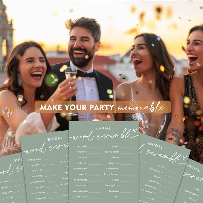 Bridal Shower Games Cards, Bridal Word Scramble, 25 Game Cards with 1 Answer Card, Engagement Party Wedding Games for Guests, Minimalist Green Wedding Party Supplies - C14