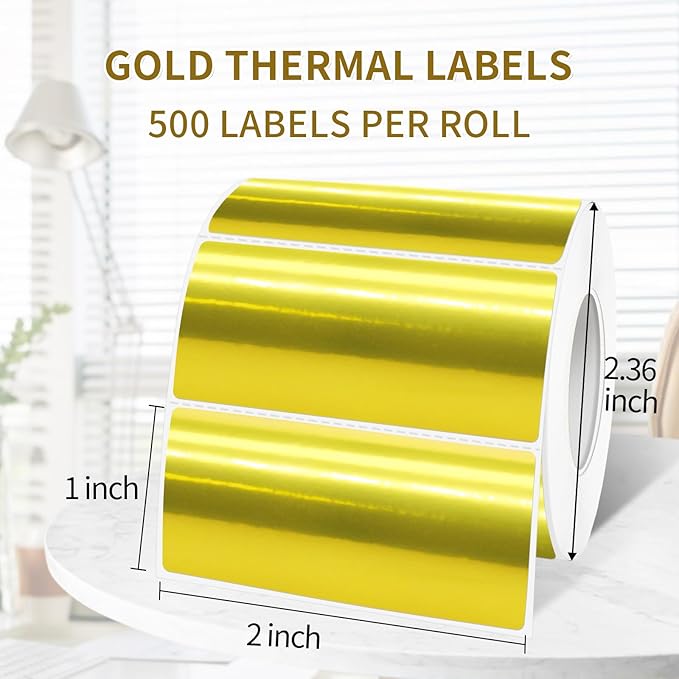 1" x 2" Gold Thermal Label Stickers,Waterproof Thermal Printer Sticker Labels for Gift Wrapping, Self-Adhesive Name Price Tag DIY Custom Logo Design (500 pcs,Gold)