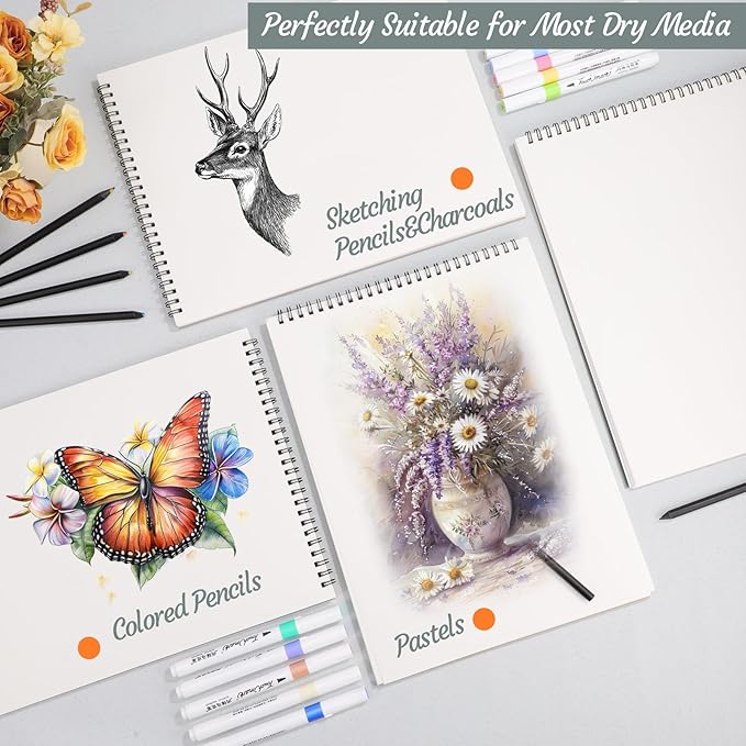 12 Pack Sketch Book, 9 x 12 Inch Sketchbook, 68lb/100gsm Top Spiral Bound Sketch Pad, Acid Free Art Supplies Drawing Painting Sketching Paper for Kids, Adults, Beginners, Artists (30 Sheets Each)
