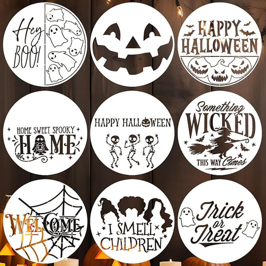 Halloween Stencils for Painting 12inch Large Reusable Halloween Stencil for Door Hanger Round Skeleton Ghost Boo Templates for Wood Walls Windows Door Mat Fabric