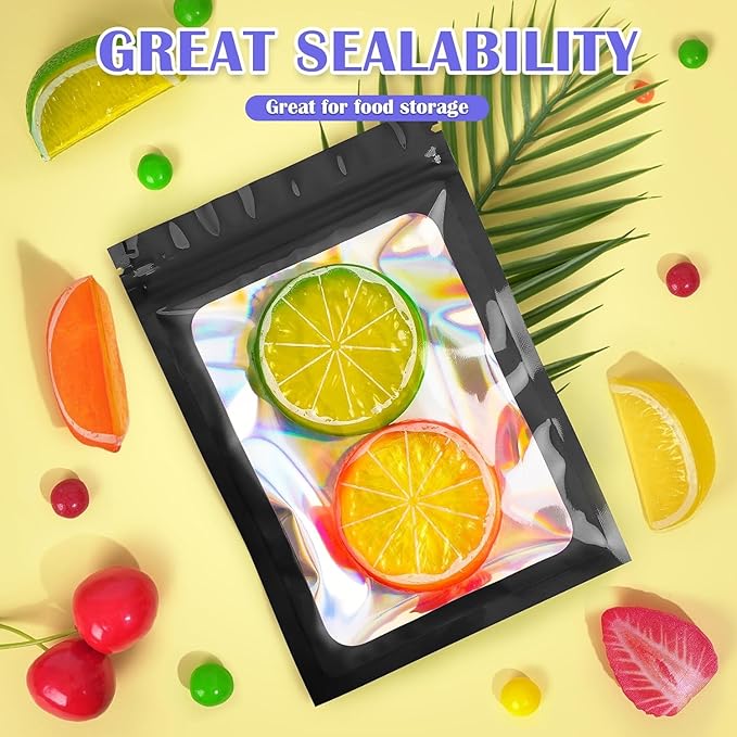 JETMORE 300 Pcs Mylar Bags, Smell Proof Bags Foil Pouch, Holographic Resealable - Image 3