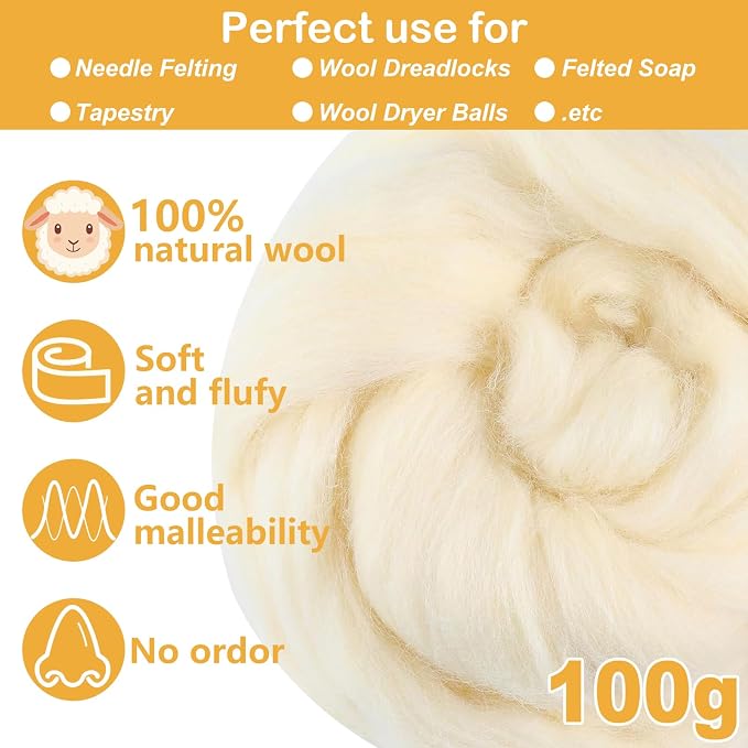 White Cream Wool Roving for Needle Felting, 3.5oz Felting Wool, Soft Wool - Image 2