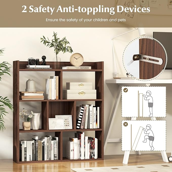 Giantex 7 Cube Bookshelf, Free-Standing Wooden Bookcase, 4 Tier Home Display Shelf, Horizontal Storage Unit w/Anti-Toppling Devices, Open-Back Display Rack for Study, Bedroom, Living Room, Walnut