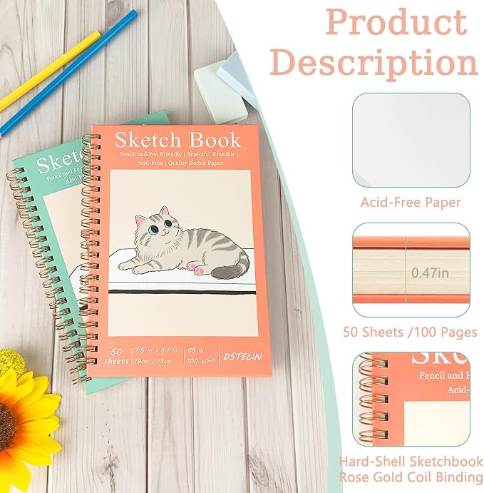 DSTELIN 2 Pack Mini Sketch Books, 7.5 x 5.1 Inch, Spiral Bound - Image 3