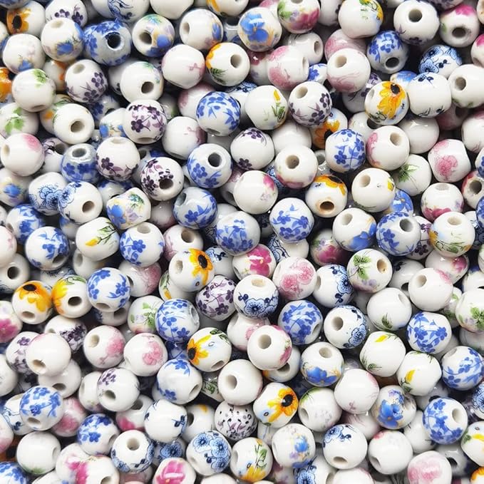 INSPIRELLE 180 Pieces Porcelain Beads Chinese Round Ceramic Beads 8mm for Handmade Jewelry Making Bracelets Necklace Making, Flower