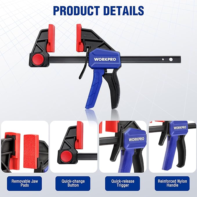 WORKPRO 6" Bar Clamps for Woodworking, One-Handed Clamp/Spreader, Light Duty - Image 3