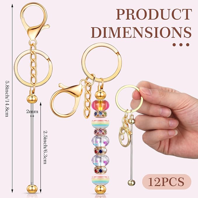 Tondiamo 12 Pcs Beadable Keychains Bars Bulk Blank Beaded Metal Keychain - Image 2